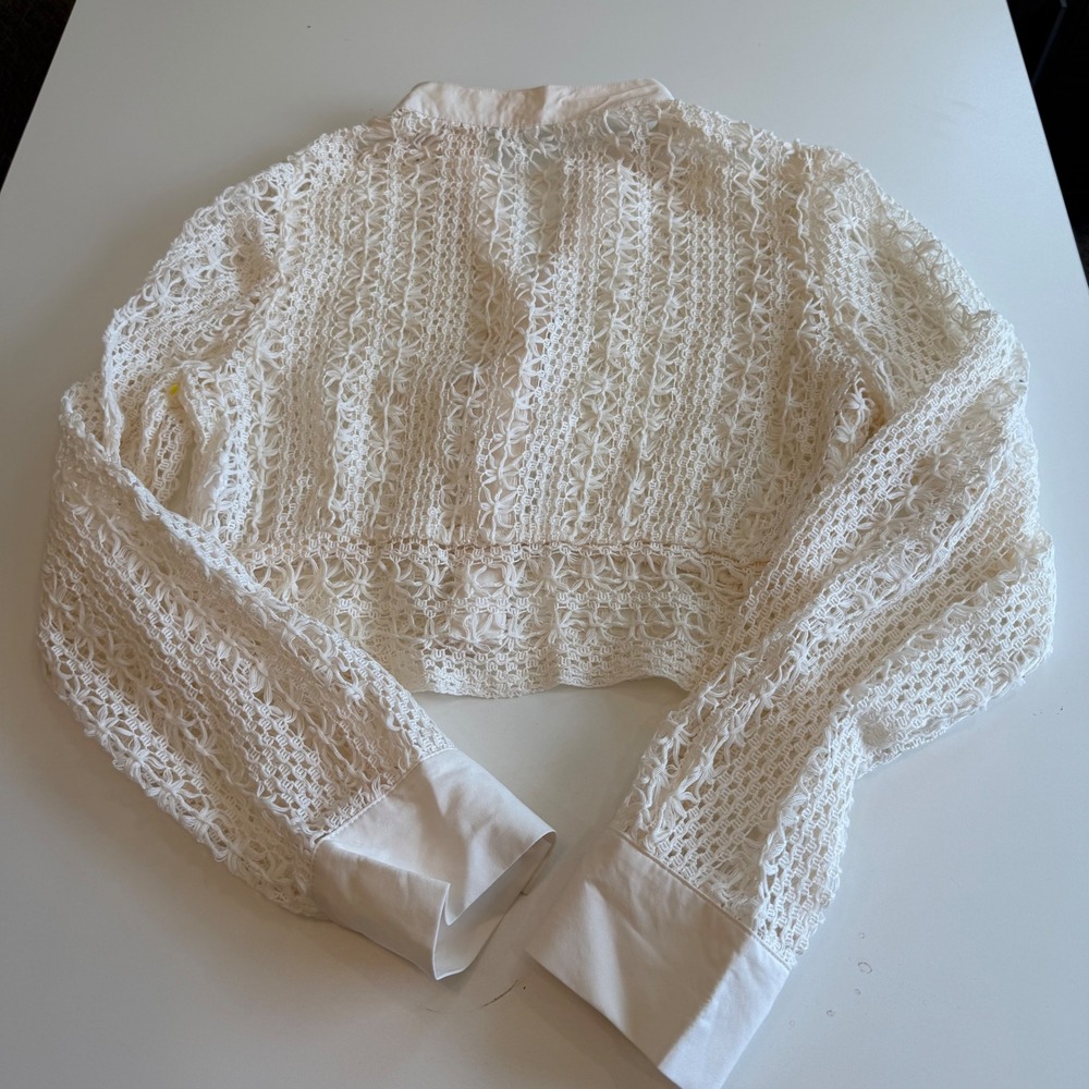 Cream Crochet Open Knit Cropped Cardigan Faux Pearl Buttons Ivory Large - Picture 2 of 5